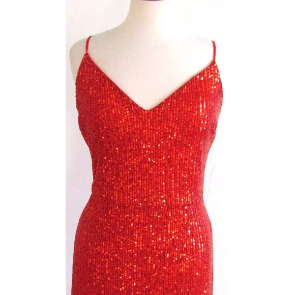 Designer Premier Amour Red Sequin Midi Length Spaghetti Strap Pencil Dress 16.R - Picture 13 of 16